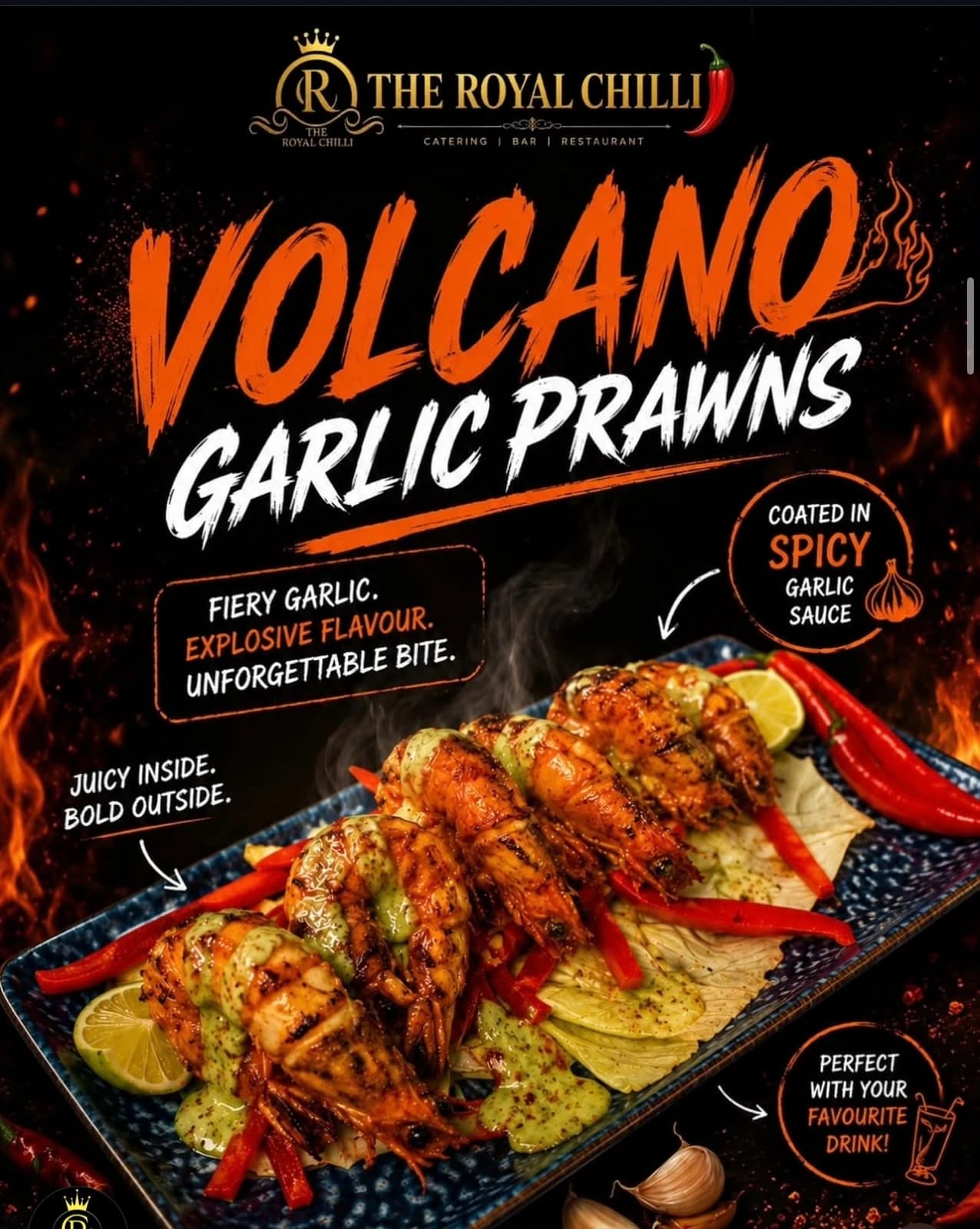 Volcano Garlic Prawns at The Royal Chilli, Hounslow